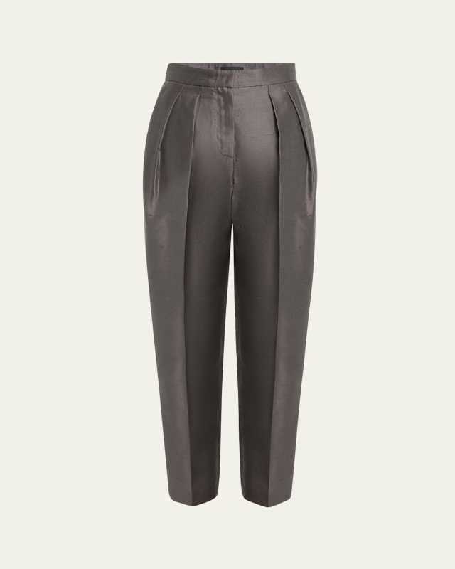 Shantung Silk Pleated Straight-Leg Trousers
